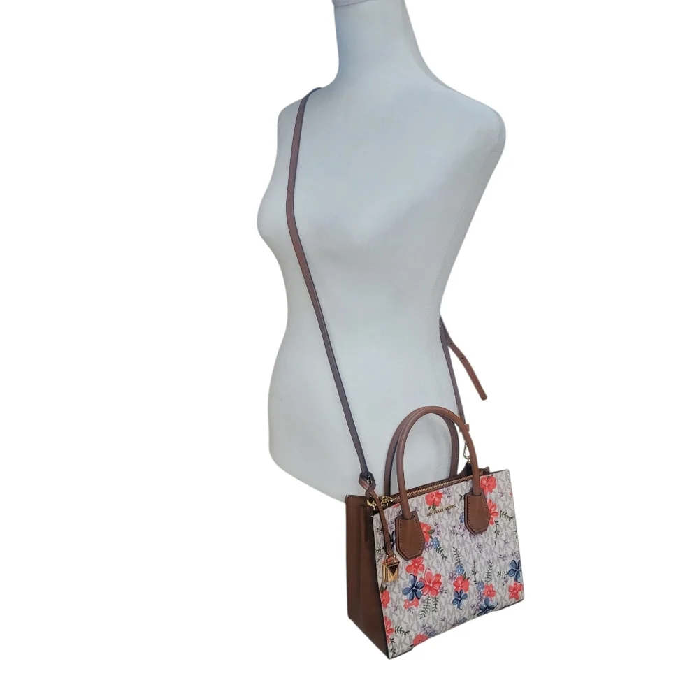 Like New MICHAEL KORS MERCER MEDIUM FLORAL LOGO ACCORDION CROSSBODY BAG